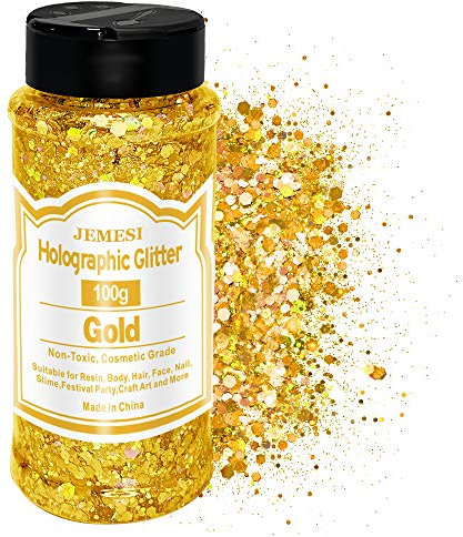 Holographique Grosses Paillettes, 100g Or Sequins Glitter, Paillettes pour Visage, Corps, Cheveux, Résine Epoxy, Paillette Visage Festiva