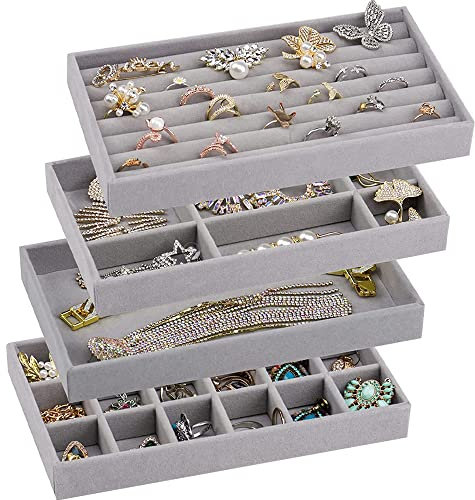 4 Stück Schmucktabletts Schmuck Organizer Schublade Schmuckaufbewahrung Schmuckkästen Stapelbar Aufbewahrung Schmuck für Schmuck Ohrringe Armband Ringe(Grauer)