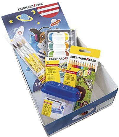 Eberhard Faber 560141 - Schulstarter Box inkl. Colori Buntstiften, Winner Deckfarbkasten, Zeichenblock A4, Wasserbox, Winner Pinsel Set mit 4 Größen und Stundenplan