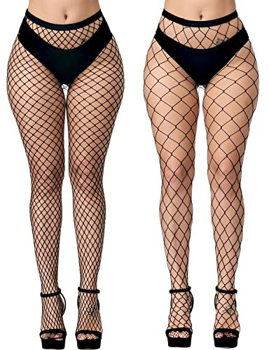 E-Laurels Womens High Waist Patterned Fishnet Tights Suspenders Pantyhose Thigh High Stockings Black, Black Fishnet Tights 2 PCS L+XL, One Size