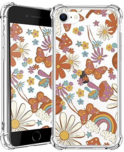 CAROKI Clear Case for iPhone SE 2022,Shockproof Transparent Bumper Cover Soft Silicone Rubber TPU Bumper Clear Cover Phone Case with Leaf Pattern for iPhone SE 2022/7/8/SE2-Rainbow Butterfly