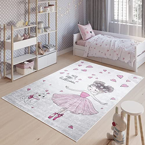 TAPISO Emma Tapis de Chambre Enfant Bébé Ado Jeu Design Moderne Gris Rose Ballerine Chaton Coeurs Poil Court Doux Lisse Fin Léger Confortable Antidérapant Lavable 80 x 150 cm