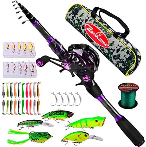 Angelrute und Rolle Combo – 2,1 m Teleskop-Spincast-Rute mit Linkshänder-Baitcast-Rolle Combos – Meer, Salzwasser, Süßwasser, Eisbarsch, Angelzubehör-Set – Angelruten-Set