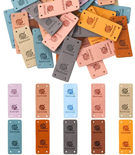 50 Pcs Faux Leather Label Handmade Tag Label Folding Handmade Tags Button Holes Embossed Tag Embellishment Knit DIY Jeans Bags Shoes Hat Crafts, Knitting and Crocheting(
