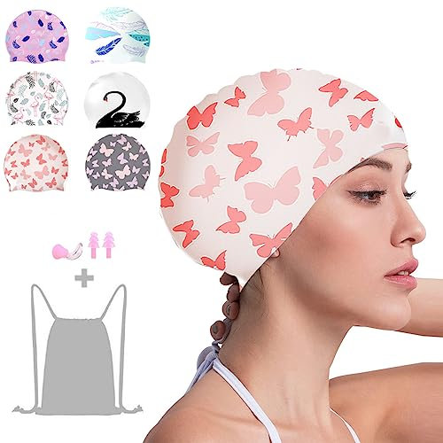 Crazy Bean Bonnet de Bain Adulte Silicone Bonnet de Natation avec Bouchon d'oreille et Le Clip Nasal Extensible Confortable Bonnet Piscine(Papillon-Rose)