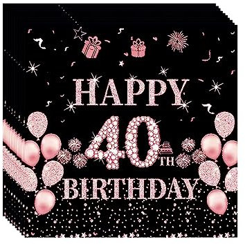 20Pc Black Rose Gold 40th Birthday Serviettes - Party Tableware Paper Napkins Disposable - Decorations for Women, Lady, Her