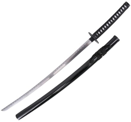 Kenshin Dekoratives Katana S5048 mit umgekehrter Schneide - Inoffizielle Replik, 105 cm, Edelstahlklinge, Griff mit schwarzer Kordel umwickelt und weißer Rochenlederimitation, inklusive Ständer