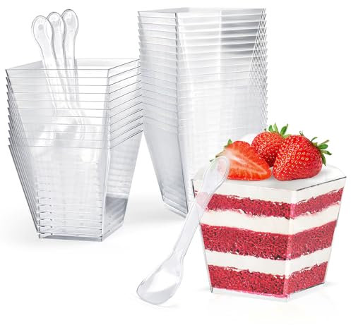 CoKeeSun 60 Pièces Tasses à Dessert avec Cuillères, Verrine Plastique Gobelets à Dessert Carrés 200ml/7oz, pour Pudding, Mousse, CrèMe Glacée, Anniversaire, Mariages