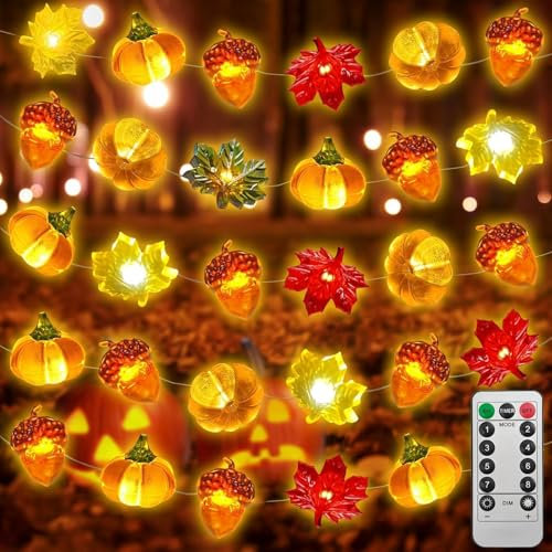 TaimeiMao Lichterkette Herbst, Herbst Deko Lichterkette,3 Meters 30 LED Eichel Kürbis Ahornblatt Lichterkette,Batteriebetrieben mit Timer 8 Modi,für Erntedankfest Weihnachten Geburtstag Party