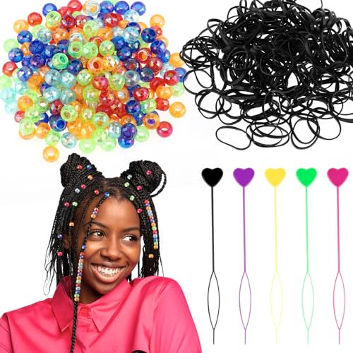 405 Pcs Hair Beads Set for Braids - Colourful Pony Beads & Black Elastic Bands - Includes 5 Pcs Quick Beader