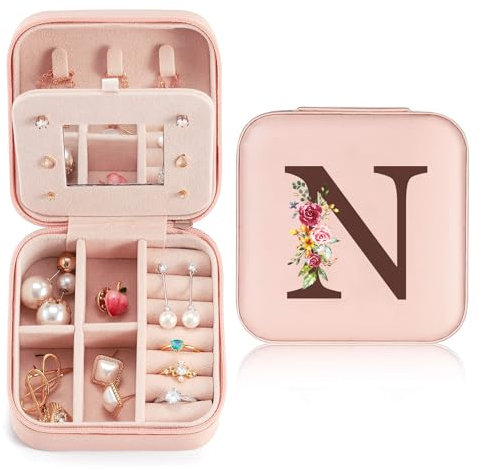 Sinekong Cajas de Joyería Personalizadas Con Inicial, Pequeño Joyero de Viaje con Espejo, Joyero Viaje, Joyero Pequeño para Mujer Niña Regalo de Cumpleaños Rosa(N)