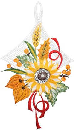 Plauener Spitze Fensterbild Herbstgesteck farbig 17 x 29 cm Fensterdeko Fensterschmuck Bilder Handarbeit Deko Fenster