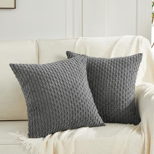 FDTERN 2er Set 45x45 cm Dunkel Grau Kordsamt Kissenbezug,Flauschig Boho Kissenbezüge Kissenhülle Dekokissenbezug Sofakissen Couchkissen Dekokissen Deko für Sofa Schlafzimmer Wohnzimmer