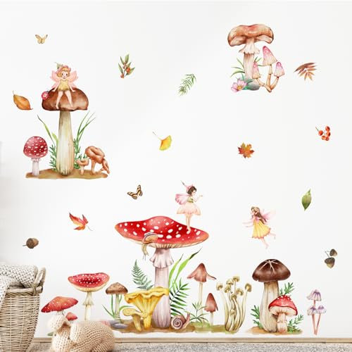 Supzone Stickers Muraux Enfants Fée des Fleurs & Champignons Magiques - Autocollant Mural Féerique avec Forêt Enchantée - Déco Murale Amovible sans Trace pour Chambre Fille & Salle de Jeux