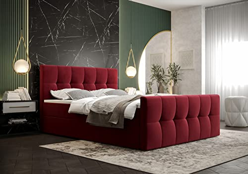 PAMIR24 Boxspringbett 140x200 mit Bettkasten und einem leichten Öffnungsmechanismus ausgestattet Bonell-Feder Matratzen und T30-Schaum Doppelbett mit Matratze und Topper Matratzenhärtegrad - H3 Rot