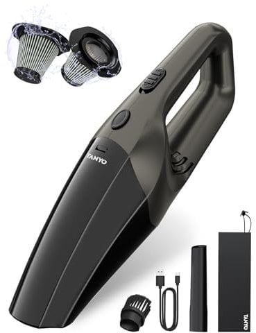 TANYO Aspirador de Mano, 12000Pa Potente Aspiradora de Coche sin Cable con Lavable Filtro Heap, Recargable Mini Aspiradora de Mano Kit Limpieza Coche para Pelo De Mascotas, Coche, Hogar
