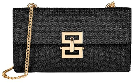Carfond Straw Chain Clutch Purses for Women Ladies Woven Envelope Handbag Shoulder Crossbody Beach Bag, Black