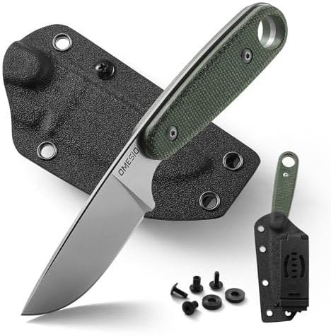 Omesio M-MK27 Messer Outdoor 14c28n Stahl Klinge, Survival Messer Micarta-Griff, Klingenlänge 18cm Full Tang Gürtelmesser mit Kydex Scheide und Gürtelclip, Feststehende Bushcraft für EDC (Grün)