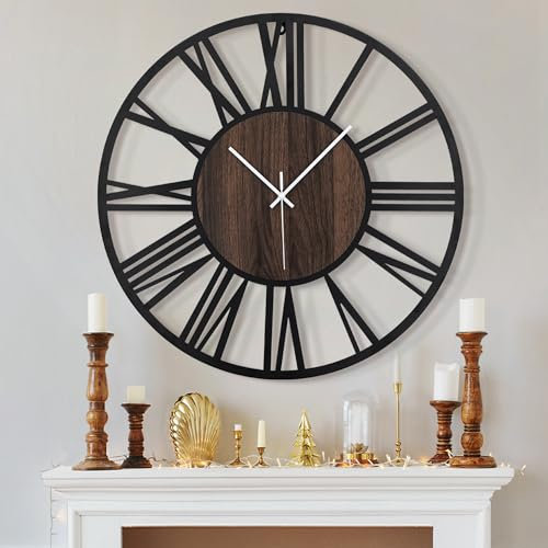 HAITANG wanduhr groß modern, 60 cm XXL,wanduhren modern Wohnzimmer schwarz, Retro Wohnzimmer-Dekoration, römische Ziffern leise Nicht tickende Wanduhr für Zuhause, Garten, Büro, Café Dekoration