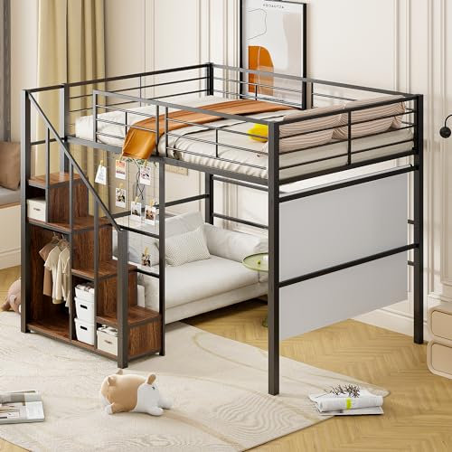 Moimhear Cama alta con escalera de seguridad 140 x 200, cuna con marco de hierro y estante, cama juvenil (negro)
