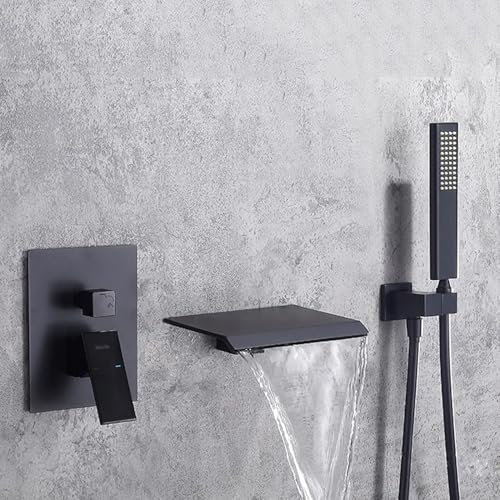 UNFRASLOP Badewannenarmatur Schwarz Wasserfall Mit Brause Wandmontiert Einhebelmischbatterie Mischbatterie Badewanne Unterputz Mit Handbrause,Schwarz