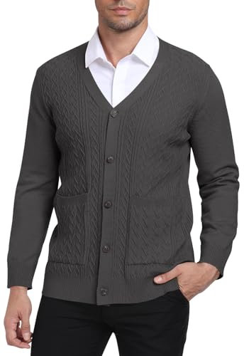 PCEAIIH Men's Cardigan Sweater Knit Jumper Buttons V Neck Shawl Collar with Pockets Classic Long Sleeve Soft Lightweight Grey