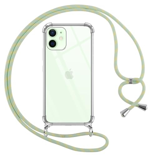 Pnakqil Funda para iPhone 12 Mini con Cuerda, Carcasa Transparente Silicona Colgar Collar Correa de Cuello Cadena Cordón para iPhone 12 Mini 5.4 Fundas, Verde