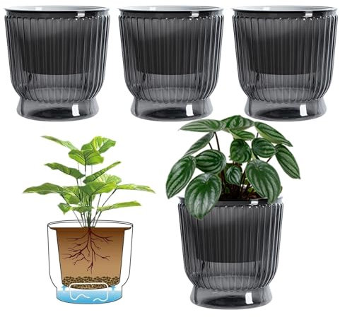 ACESOME Lot de 4 pots de fleurs, auto-irriguants, avec corde en coton, réservoir d'eau profond, système d'irrigation, pour plantes d'intérieur, gris, 16,5 x 17 cm