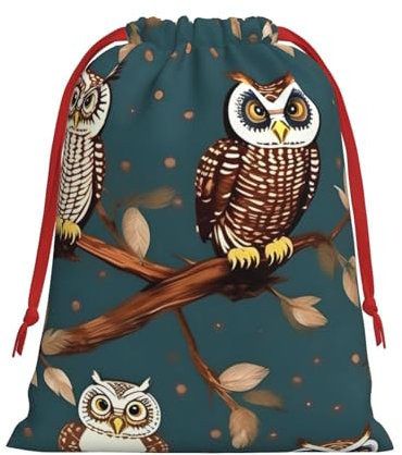 Wiederverwendbare Geschenktüten mit Eulen auf Baumzweigen, mittelgroße Geschenktüten, Kordelzugbeutel für Geschenke zu Weihnachten, Geburtstagen