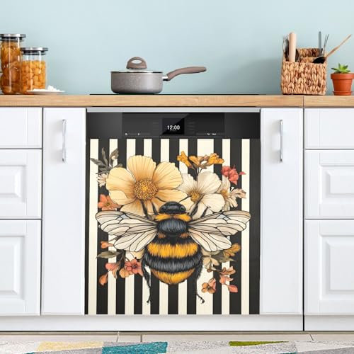 CHIFIGNO Geschirrspülerabdeckung, Schwarz-weiß Gestreift, Retro-Blumen, Biene, Magnetisch, 58,4 x 66 cm