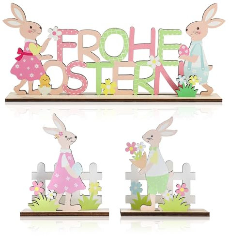 COCHIE 3 Stück Osterhase Deko aus Holz,Osterdeko Hase,Deko Aufsteller für Ostern,Frohe Osterhase Holz Deko Aufsteller mit Schriftzug Ostern für Osterdeko Frühling Garten