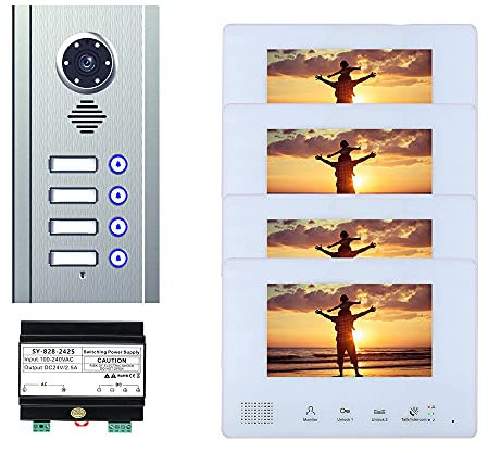 Kit di sistemi citofonici videocitofonici a 2 Fili da 7 Pollici per casa, Appartamento, 4 unità, Visione Notturna