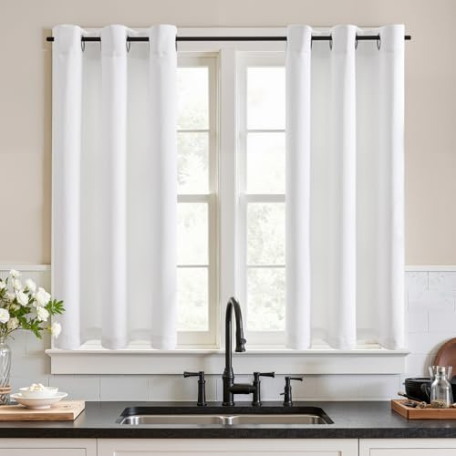 TOPICK Scheibengardinen modern Bistrogardine Küche H115xB90 2er Set Weiß | Bistrogardine Wohnzimmer Schlafzimmer Küchenvorhang Küche Gardine Küchengardinen Küchenvorhänge Landhausstil