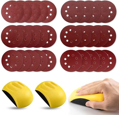 Schleifklotz Set, 2 Stück Schleifblock mit 30 Blatt Schleifpapier 5 Zoll Schleifschwamm Handschleifer Rund Schmirgelpapier Set 125mm Klett Körnung 60/120/180/320/400/600 für Holz Möbelrestaurierung