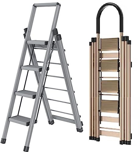 SFSLBFB Escalera Plegable de 4 peldaños, Multifuncional, de Doble Uso, con tendedero, de aleación de Aluminio, Capacidad de 150 kg, Ideal para Trabajos de techado y Limpieza Interior (Gris)