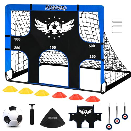 Fitencexu Fußball Tore, Torwand für Kinder Fussballtor Kinder Outdoor mit Torwand 3 In 1 Pop Up Tor mit 5 Schussloecher und Tragetasche, Bodennägeln,3 Zielscheiben & 6 Hindernisse (Blua)