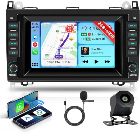 Hodozzy 2G+64G Radio para Mercedes Benz W169 B200 A B Class W639 W245 W906 W209 Viano Vito Sprinter con Carplay Android Auto, Radio 2 DIN 7 Pulgadas Pantalla Táctil GPS Bluetooth WiFi DSP FM RDS