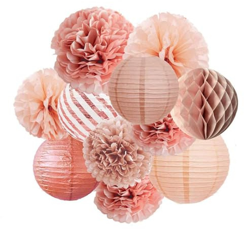 ZYYRSS Rose Gold Party Decoration Kit, 11PCS Paper Lanterns Flowers Pom Pom for Birthday Engagement Wedding Bridal Shower Bachelorette Party Decor Supplies