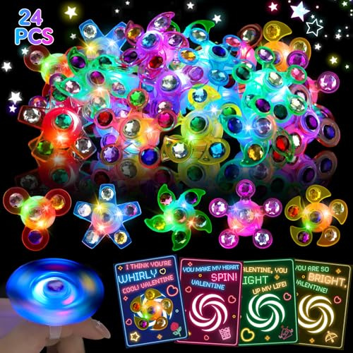 24 x LED-beleuchtete Fidget-Spinner-Ringe, Valentinstagskarten für Kinder, Schule, Klassenzimmer, Valentinstag, Austausch, Geschenke für Kinder, Jungen, Mädchen, Klasse, Valentinstag, Party