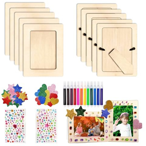 Tidetake 10 Stück Bilderrahmen Holz Basteln Bastel Bilderrahmen zum Befüllen 14 x19 cm Fotorahmen Bastelset Holzrahmen mit Glitzersteine, Glitter Schaum Sticker,Bunter Pinsel