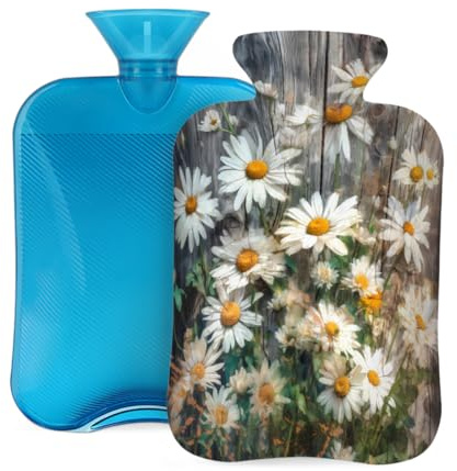 Wärmflasche mit weichem Bezug, Farmhouse White Daisy Nature Botanical Plant Holzbrett, 2 Liter Wärmbeutel zur Schmerzlinderung, Hand- und Fußwärmer