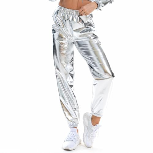 NewL Damen Metallic Glänzend Jogger Casual Holographische Farbe Streetwear Hosen Hip Hop Mode Glatte Elastische Hosen