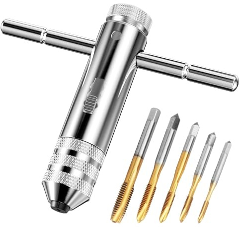 Ravytha Set di Chiave a Cricchetto, 5 Pezzi Maschi per Filettatura M3/ M4/ M5/ M6/ M8 + 1 Pezzi Giramaschi a T, Filettatrice Manuale Regolabile, Maschi per Filettare con Rivestimento in Titanio