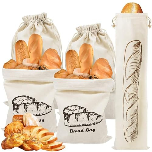 SPOKKI 5 Stück Baguette Aufbewahrung, 4 Brotbeutel Groß (30x45 cm) und 1 Baguettebeutel (16x64 cm), Stoffbeutel für Brot aus Baumwolle, mit Kordelzug, wiederverwendbar zur Aufbewahrung Frischhalten