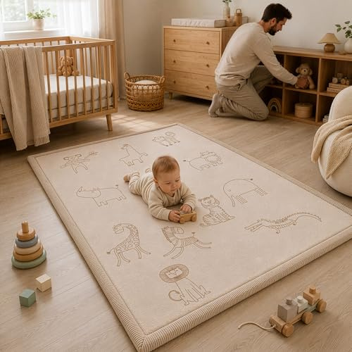 Sanosoft® Krabbelteppich für Babys – Samtweiche & Kuschelige Spielmatte – rutschfest, Schadstoffgeprüft & Öko-Tex zertifizierte Krabbelmatte (Motiv Afrika, 120x170cm)