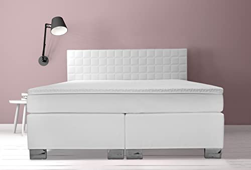 Boxspringbett Rom II 140x200 Weiß Kunstleder Gestepptes Kopfteil Härtegrad H2 H3 Echtes Boxspringbett inkl. Boxspringbettmatratze und Topper 140 x 200 cm