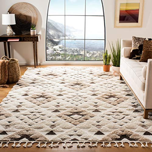 SAFAVIEH Zottelig Teppich für Wohnzimmer, Esszimmer, Schlafzimmer - Moroccan Tassel Shag Collection, Kurzer Flor, Elfenbein und Braun, 91 X 152 cm