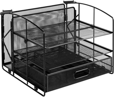 Amazon Basics Rectangular Desk Organiser 3 Tray Sliding Drawer and Hanging File Holder, Black