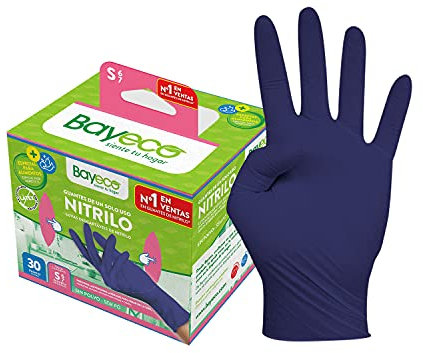 Bayeco - Guantes un solo uso - Nitrilo - Color Azul Claro - Ambidiestros - Dedos texturizados para mejor agarre - Aptos para alérgicos al látex - Pack dispensador de 30 unidades - Talla S