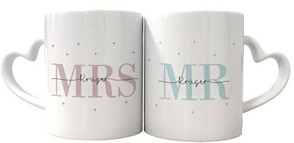 2er Set Tasse Mrs + Mr | Hochzeitstag | Jahrestag | Ehe | Paar | Verlobung | Hochzeit | Geschenk | personalisiert | Mrs + Mrs | Mr + Mr (MR & MRS - Weiß Herzhenkel)